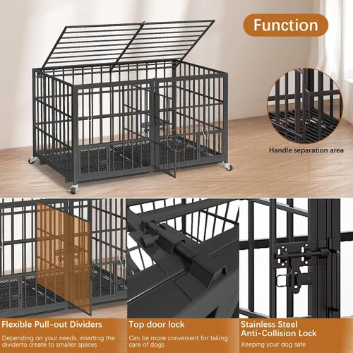Vista 3 de EZ4ENCE Jaula para perros de 48/42/54 pulgadas con divisor para 2 perros, jaula indestructible, diseño resistente, doble puerta y bandeja extraíble