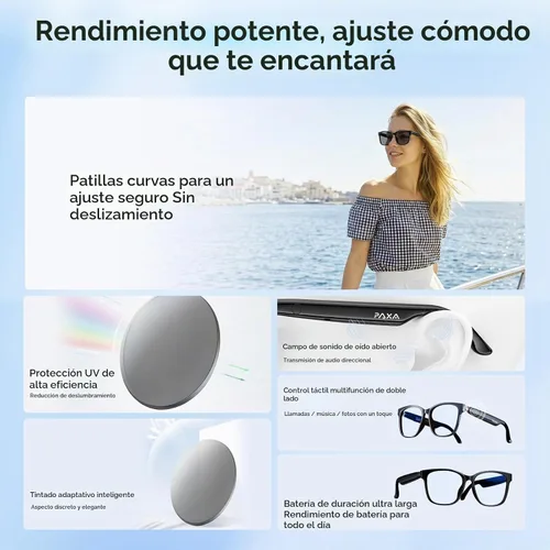 Vista 9 de PAXA Gafas de audio inteligentes con tintado automático S7Ultra con soporte