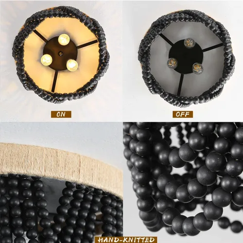 Vista 6 de RyalQ - Lámpara de techo con cuentas de madera negra de 3 luces, candelabro rústico bohemio pequeño, lámpara de techo de decoración vintage