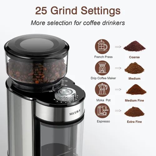 Vista 2 de Secura Molinillo de café eléctrico con 25 ajustes precisos de molienda, 2-12 tazas