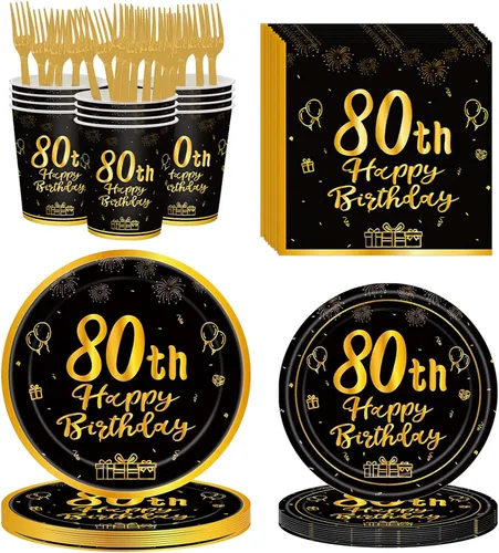 Vista 8 de 120 piezas de suministros para fiesta de cumpleaños número 100, platos, servilletas, vasos, tenedores, juego de vajilla desechable con temática