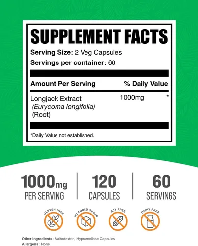 Vista 2 de BulkSupplements.com Cápsulas de extracto de Longjack - Extracto de Tongkat Ali, suplemento de Tongkat Ali - Apto para veganos, 120 cápsulas