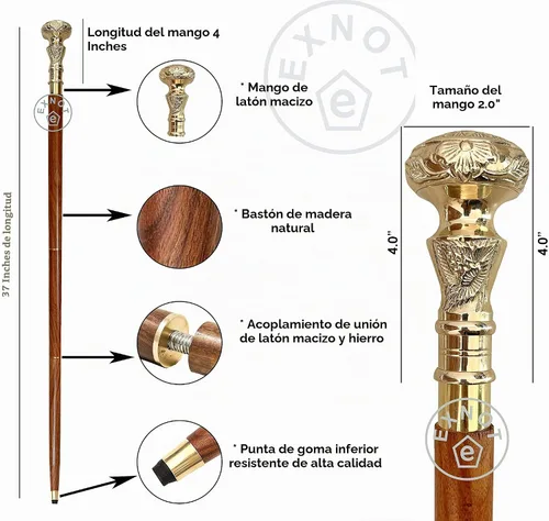 Vista 2 de Bastón de madera plegable con mango de latón estilo victoriano, telescópico, bastón de caña ideal para regalo