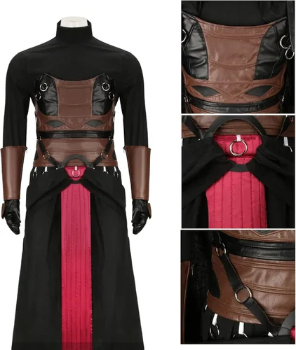 Vista 4 de Disfraz de caballero Darth Revan para hombre, conjunto completo, túnica con capucha, capa negra, uniforme de batalla, medieval para Halloween