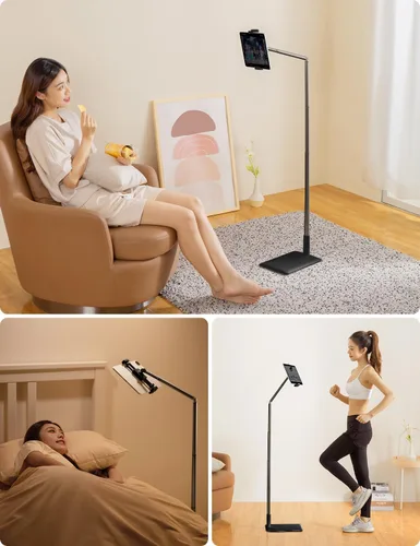 Vista 2 de Viozon Soporte de Piso para Tablet con Brazo Largo Flexible y Soporte para Teléfono, Ajustable en Ángulo 360°, Aleación de Aluminio, para Cama