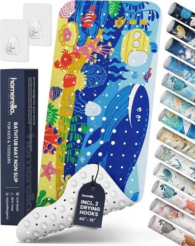 Vista 14 de Homerella - Alfombrilla de baño antideslizante y antideslizante para niños, 40 x 16 pulgadas, sin BPA, incluye 2 ganchos, tapete de ducha lavable