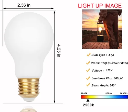 Vista 5 de Bombillas LED Edison, regulables de 8 W (equivalente a 80 vatios), bombillas de luz A19 con forma A19 de vidrio blanco leche mate suave amarillo
