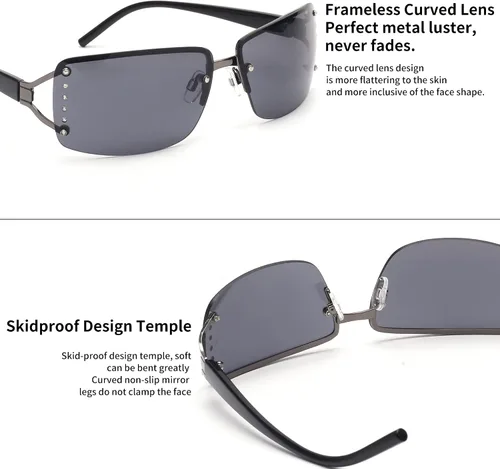Vista 3 de JM Lentes de sol Y2K sin montura para mujeres y hombres, de gran tamaño, diseño de escudo envolvente, #4 Marco negro / lente gris