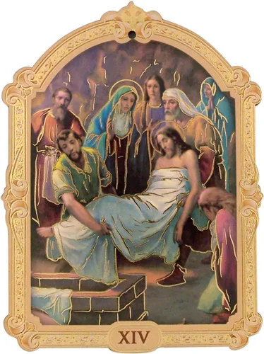 Vista 3 de Needzo Stations of The Cross - Placas de madera católica con detalles metálicos en tono dorado, decoraciones religiosas, 3 5/8 pulgadas, juego de 16