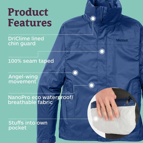 Vista 6 de MARMOT Chaqueta impermeable Precip Eco para hombre, 100% reciclada, transpirable, ligera, plegable Azul ártico