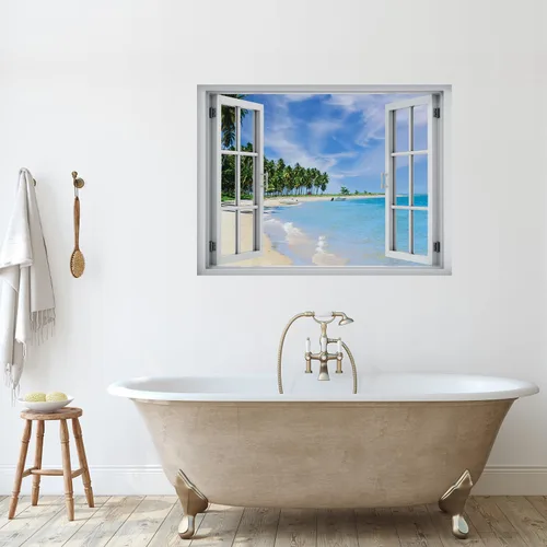 Vista 12 de wall26 Adhesivo decorativo para pared, loros verdes sentados en la rama afuera, ventana abierta, no se pega ni se pega, papel tapiz no tejido