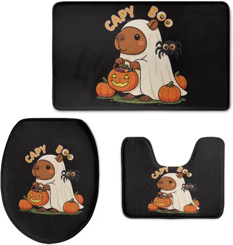 Vista 9 de FOR U DESIGNS Juego de tapetes de baño con moqueta, contorno y tapa, campana de lazo de Navidad, tapete decorativo suave para el hogar, dorado