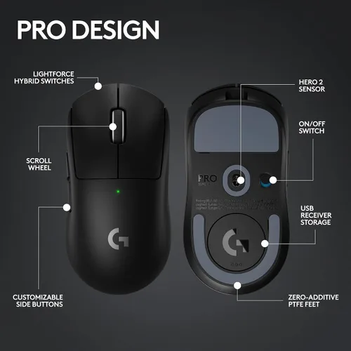 Vista 7 de Logitech G PRO X SUPERLIGHT 2 LIGHTSPEED - Mouse inalámbrico para juegos, sondeo 4K, ligero, interruptores híbridos LIGHTFORCE, sensor HERO 2