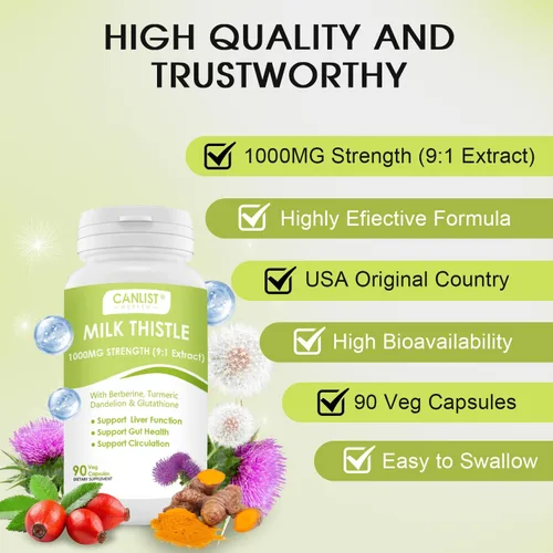 Vista 5 de CANLIST Cápsulas de cardo mariano de 1000 mg, potente extracto 9:1, apoyo para la salud hepática, desintoxicación y limpieza, antioxidante y salud