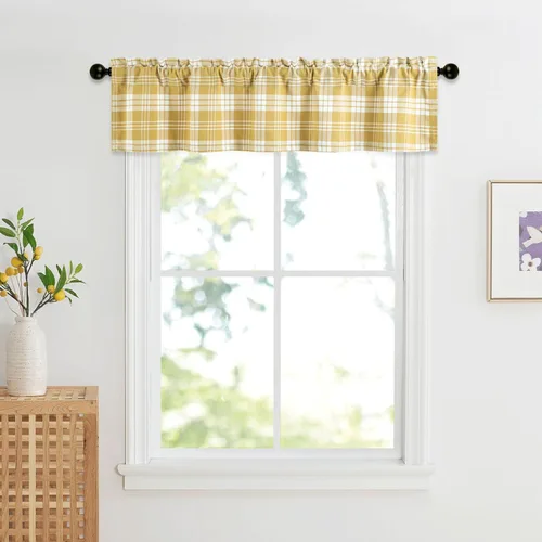 Vista 14 de VOGOL Cenefa de cuadros marrón con textura de lino para dormitorio, sala de estar, diseño de bolsillo para barra, fácil de colgar, 52 x 12 pulgadas