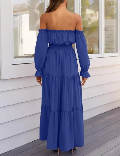 Vista 4 de ZESICA - Vestido largo, bohemio y sexy, con hombros descubiertos y manga larga fruncida, con elástico fruncido, cintura alta y abertura lateral