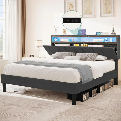 Vista 7 de YITAHOME Base de cama tapizada tamaño Queen, base de cama LED con cabecero de almacenamiento, cama plataforma con toma de corriente y puertos USB