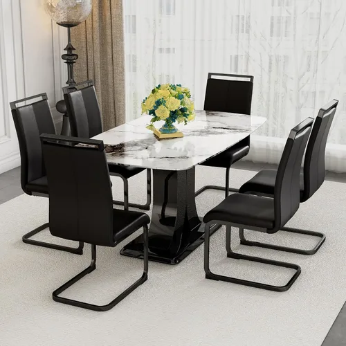Vista 2 de Juego de mesa de comedor de mármol para 6, moderno juego de sillas de mesa de cocina para 6, 7 piezas, mesa de cocina rectangular de cristal