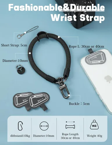 Vista 3 de Correa de Teléfono para Mano y Muñeca, Cordón de Teléfono con Parche ×2, Soporte para Funda de Teléfono Celular, Correa de Muñeca para Llaves, Negro