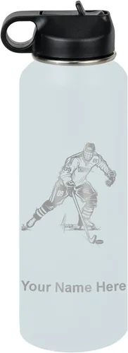 Vista 15 de LaserGram Botella de agua personalizada, jugador de hockey, acero inoxidable de doble pared aislada al vacío con popote superior, regalo grabado