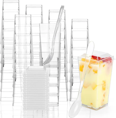 Vista 8 de EASERCY Paquete de 100 mini tazas de postre de 3 onzas con tapas y cucharas, tazas transparentes para postres con cucharas, tazas de parfait