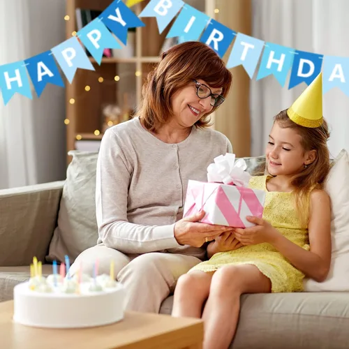 Vista 5 de Cartel azul de feliz cumpleaños, pancarta de feliz cumpleaños, guirnalda para baby shower, revelación de género, suministros de fiesta para niños