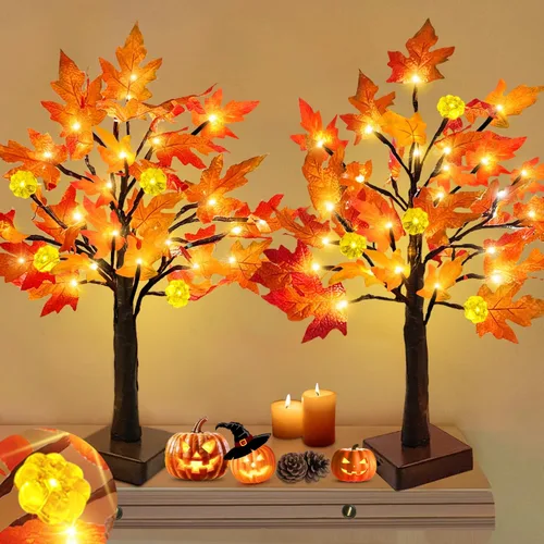 Vista 11 de Árbol de arce preiluminado de otoño con temporizador de luces de calabaza