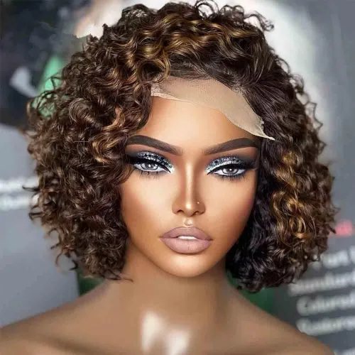 Vista 4 de Pelucas cortas de cabello humano rizado estilo Bob con reflejos, pelucas de encaje frontal HD de 13 x 4, pelucas de cabello brasileño con corte
