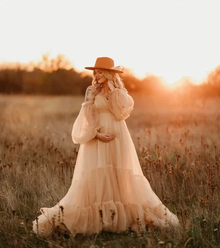 Vista 2 de Vestido de tul para baby shower, con volantes, vestido de maternidad para sesión de fotos, manga larga, vestidos de maternidad para sesión de fotos