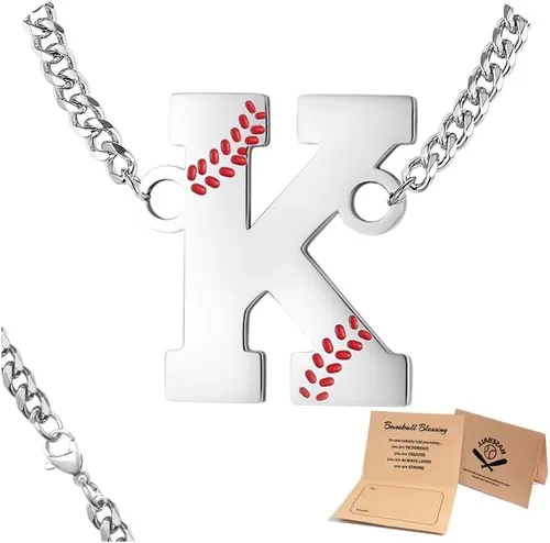 Vista 9 de QINJIEJIE Collar de béisbol inicial A-Z con letras, accesorios deportivos, colgante de encanto de béisbol, joyería de cadena de acero inoxidable 2-P