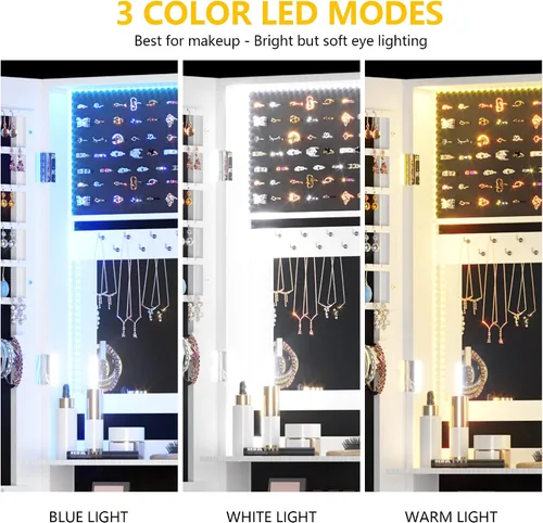 Vista 3 de Vlsrka Armario con espejo LED de 47.2 pulgadas, organizador de joyas montado en la paredpuerta con espejo de longitud completa, gabinete colgante