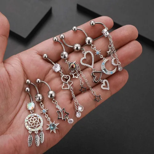 Vista 5 de HETICA Anillos de ombligo para mujeres y niñas, 8 anillos de ombligo de 14 G, estrella, luna, atrapasueños, barra, piercing para el cuerpo, joyería