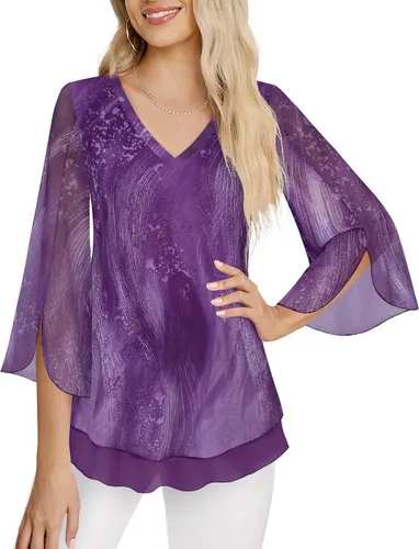 Vista 3 de Timeson Blusas florales de manga 34 para mujer, camisas de doble capa con cuello en V, túnica elegante