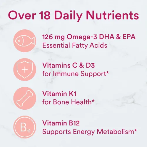 Vista 6 de SmartyPants Gomitas multivitamínicas para mujeres: aceite de pescado Omega 3 (EPA/DHA), metilfolato, CoQ10, vitamina D3, C, vitamina B12, B6, A, K