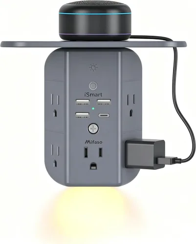 Vista 14 de Extensor de toma de pared con estante y luz nocturna, protector de sobretensiones, cargador de pared USB con 5 salidas de CA y 3 puertos USB A, 1