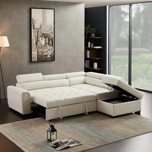 Vista 7 de Sofás seccionales para sala de estar, sofá esquinero de cuero con otomana de almacenamiento, sofá modular convertible con cama extraíble (negro)