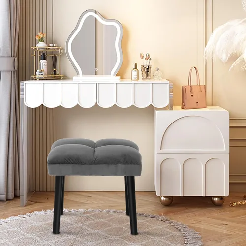 Vista 3 de Taburete de tocador gris, taburete cuadrado de maquillaje con patas de madera, silla otomana pequeña para tocador, asiento acolchado moderno