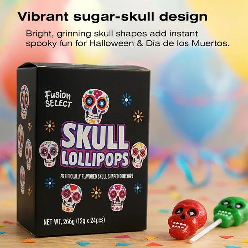 Vista 4 de Fusion Select 24 paletas de calavera de azúcar, dulces coloridos de Halloween y Día de los Muertos, golosinas novedosas envueltas individualmente