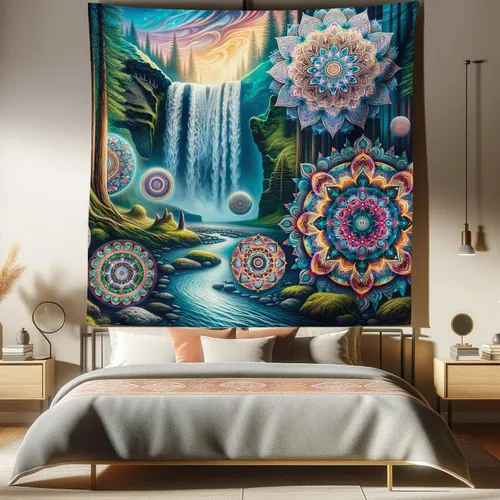 Vista 62 de Ambesonne Tapiz Trippy, vista panorámica de la cascada con bosques de ensueño y mandala oriental psicodélico, decoración de tela para colgar