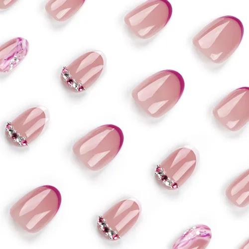 Vista 3 de Uñas postizas cortas de almendra a presión con punta francesa morada, uñas falsas ovaladas con diseños de ondas y diamantes de imitación, uñas