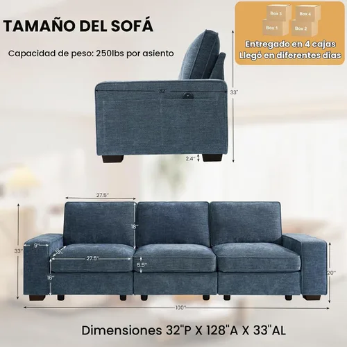 Vista 2 de TEKAMON Sofá modular de 100 pulgadas con almacenamiento en los asientos, cómodo sofá de tela de felpilla de 3 plazas para sala de estar, oficina Azul