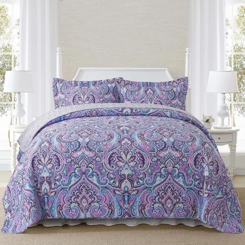 Vista 29 de NEWLAKE - Juego de cubrecama reversible de microfibra bordada con patrón floral en relieve en jacquard beige, tamaño queen