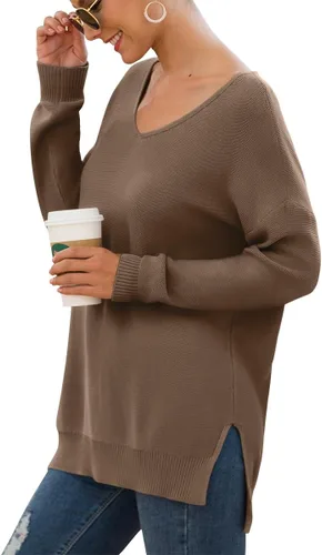 Vista 2 de GRECERELLE Suéter de punto con cuello en V y manga larga para mujer, con abertura lateral, suelto, informal, suéter de punto