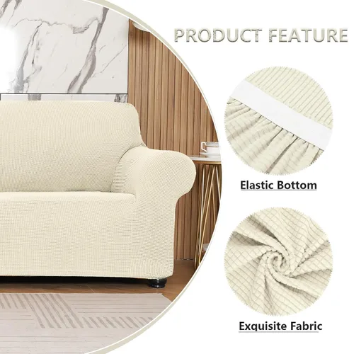 Vista 3 de Funda elástica suave para sofá de 3 cojines, protector de muebles, transpirable, lavable, tela jacquard, cuadros pequeños con parte inferior Beige