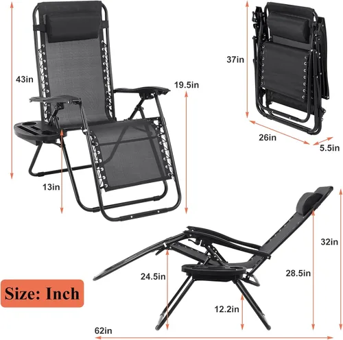 Vista 8 de Silla de gravedad cero plegable, silla de césped, silla reclinable ajustable para acampar con bandejas para almohada y soporte para tazas, silla