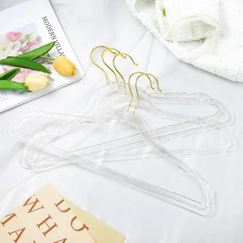 Vista 5 de Weysat - Paquete de 20 perchas de acrílico transparente de plástico con purpurina dorada, antideslizante, ahorro de espacio, ropa resistente