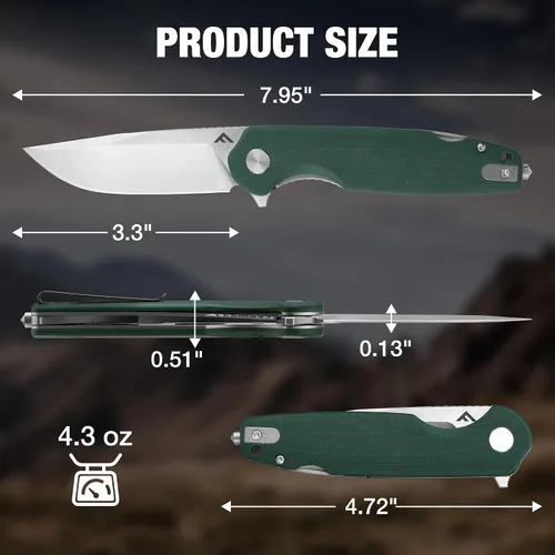 Vista 5 de FLISSA VERSA Cuchillo de bolsillo multiherramienta, hoja D2 de 3.3 pulgadas con mango G10, cuchillo plegable con bloqueo de revestimiento con Verde