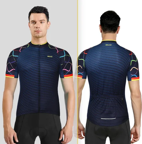 Vista 5 de ARSUXEO Camiseta de ciclismo para hombre, manga corta, camisa de bicicleta de montaña, bolsillos con cremallera superior MTB reflectante