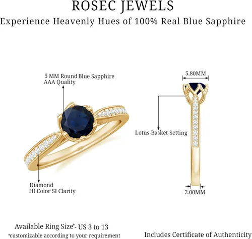 Vista 6 de Anillo de compromiso con solitario mínimo de zafiro azul, redondo de 0.197 in, calidad AAA, joyería inspirada en flores para mujer