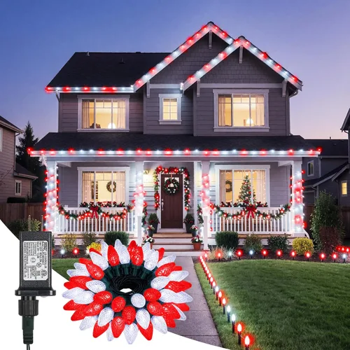 Vista 10 de Minetom Luces de Navidad C9 para Exteriores, Cadena de 85 pies con 110 LED y 8 Modos de Iluminación, Luces de Navidad C9 Impermeables, Conectables